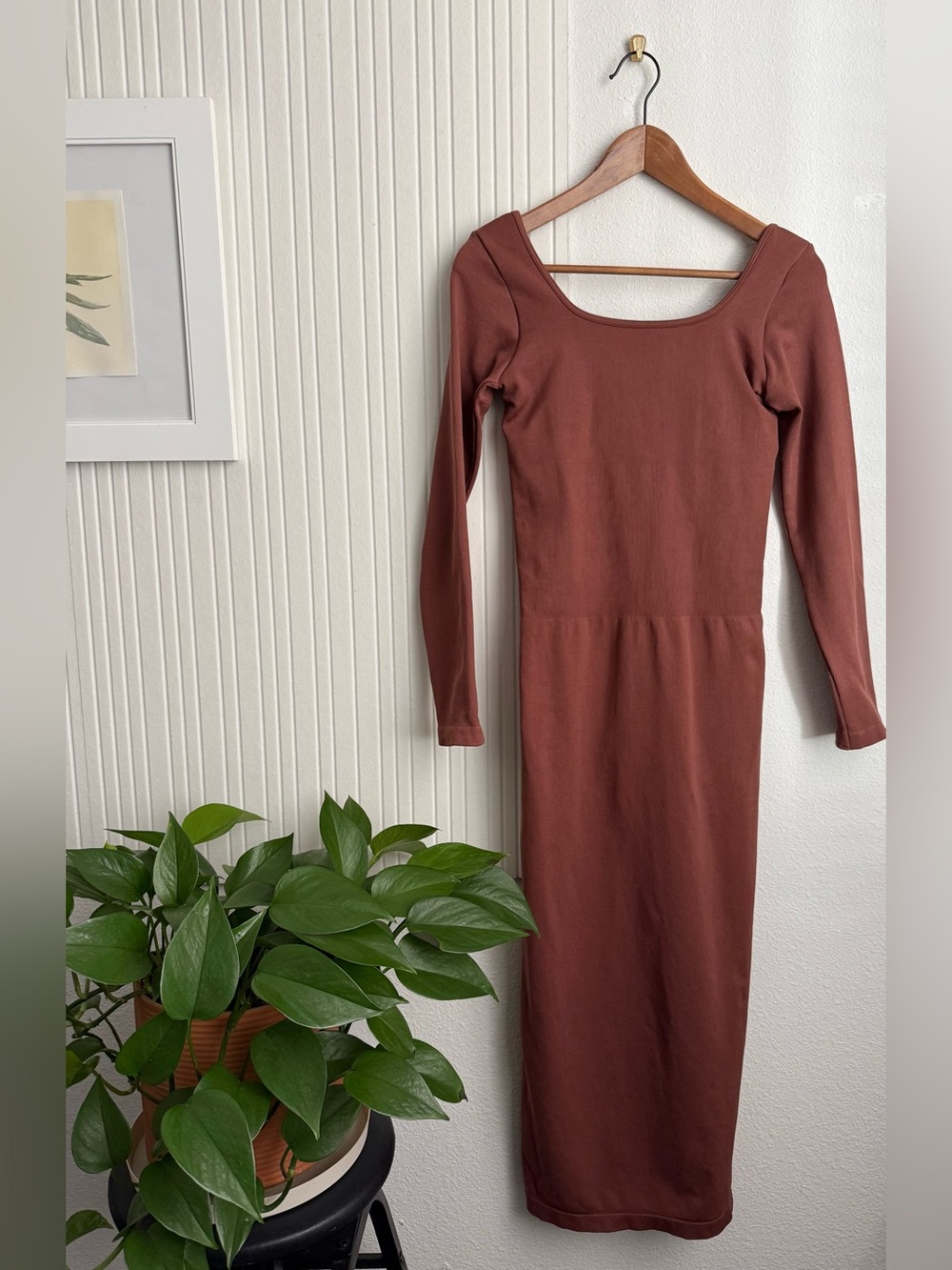 HALARA Brown Long Sleeve Midi Bodycon Shapewear Dress